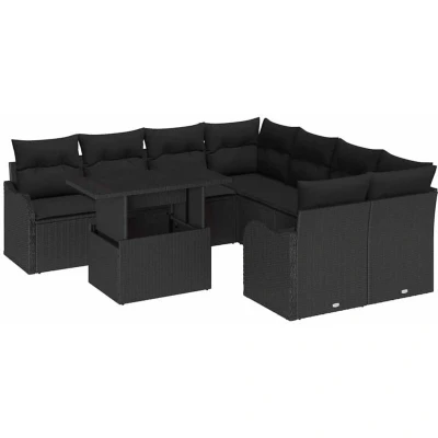 Image of vidaXL 9 Piece Garden Sofa Set with Cushions Black Poly Rattan