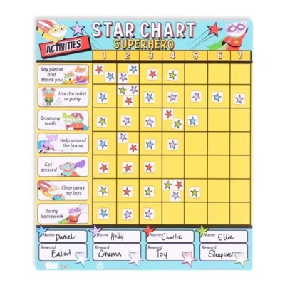 Image of Fiesta Crafts Superhero Star Reward Chart Magnetic Chore Board for Kids &amp; Toddlers Colour Coded Tracks Up to 4 Children Encourage Good Behaviour 200+ Stars, 19 Activity Suggestions, Pen