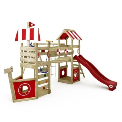 Image of WICKEY Wooden climbing frame StormFlyer with swing set &amp; red slide, Outdoor kids playhouse sandpit, ladder play accessories for the garden
