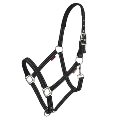 Image of LeMieux Essential Yard Headcollar Tough &amp; Durable Nylon Webbing Reflective Stitching Neoprene Padding Trigger Clip Throat Lash Breakaway Leather Tab Black Cob