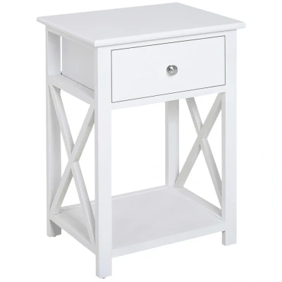 Image of HOMCOM End Table, Sofa Side Table with Drawer X Bar Bottom Storage Shelf, Nightstand Bedside for Bedroom or Living Room White
