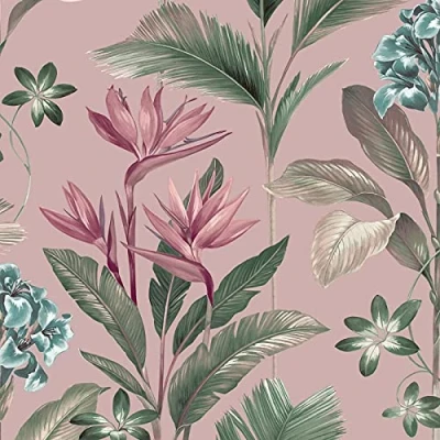 Image of Oliana Pink Wallpaper Green Blue Teal Floral Tropical
