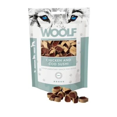 Image of WOOLF Chicken and Cod Sushi Dog Treats Complimentary Snacks for Dogs. All Natural Ingredients, High Meat Content, Nutritional, Free from Artificial Additives. Suitable Dogs (100g)