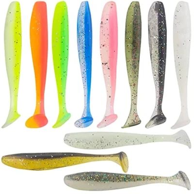 Image of Unvtap Fishing Lures 100 Pcs Soft Lures, Plastic Paddle Tail Swimbaits, Artificial for Trout Redfish Saltwater, Freshwater, 10 Colors