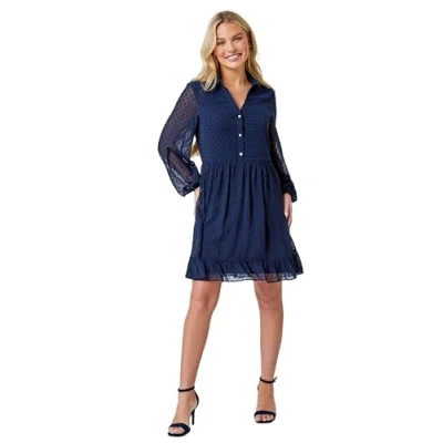 Image of Roman Petite Textured Spot Tiered Frill Hem Dress for Women UK Ladies Everyday Holiday Spring Summer V Neckline Comfy Soft Evening Vacation Work Party Navy Size 12
