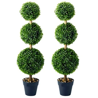 Image of Garden Mile Treble Topiary Tree Ball Boxwood Bobble Faux Plants Artificial and Pots Artistic Round Cut Bush for Doorway, Porch or Decking (Pack of 2)