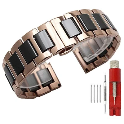 Image of Kai Tian 14mm Watch Band Rose Gold for Girls Black Ceramic Strap Replacement Metal Stainless Steel Bracelet