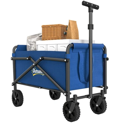Image of Outsunny 41L Festival Trolley on Wheels, Small Garden Folding Cart, 60kg Heavy Duty Collapsible Wagon with Adjustable Handle and Carrying Bag for Beach, Camping, Festival, Blue