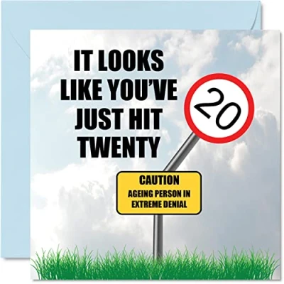 Image of Funny 20th Birthday Cards for Men Woman Just Hit Twenty Happy Card Son Daughter Brother Sister Friend Colleague Uncle Auntie, 145mm x Banter Joke Bday Greeting