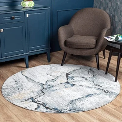 Image of Livabliss Berlin Abstract Rug Area Rugs Living Room 160 cm , Dining Room, Lounge, Kitchen, Bedroom Modern Marble Rug, Soft Luxurious Easy Care Medium Pile Round Grey, Blue and Ivory