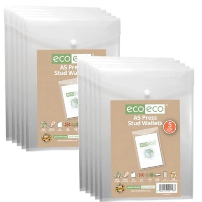 Image of eco A5 50% Recycled Clear Transparent Portrait Press Stud Popper Wallet, Plastic Folders 230x170mm (Pack of 10), 200mic, eco158x2
