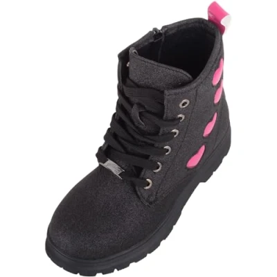 Image of ABSOLUTE FOOTWEAR Childrens Low Heel Lace Up Glitter Ankle Boot with Heart Design Black UK Child 11