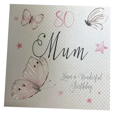 Image of white cotton cards Handmade 80 Mum Have a Wonderful Vintage Butterflies 80th Birthday Card, White, PM80, 16cmx16cm