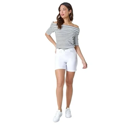 Image of Roman Originals Stretch Shorts for Women UK 14CM Ladies Turned Hem Bengaline Casual Cropped Pants Chino Capri Slim Fit Above The Knee Turn Up Bermuda Summer Crops Everyday White Size 22