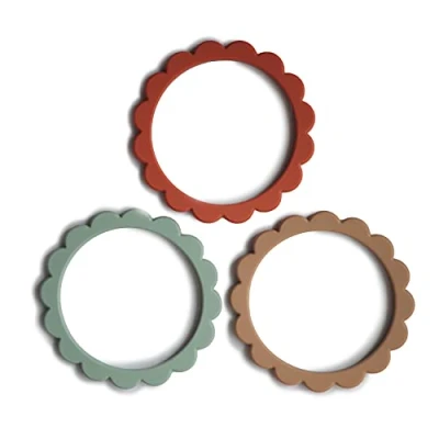 Image of Mushie Silicone Baby Flower Teether Bracelets 1x Set of 3 Pieces Easy Grip Soft Teething Toy Irritated Gum Relief Material: Food Grade (Cambridge Blue/Clementine/Natural)