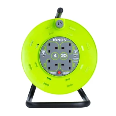 Image of Status: IONOS 4 Socket Cable Reel, 20m Green Extension Lead, 13A with Thermal Cut Out, Heavy Duty Outdoor ION20M13ACR2