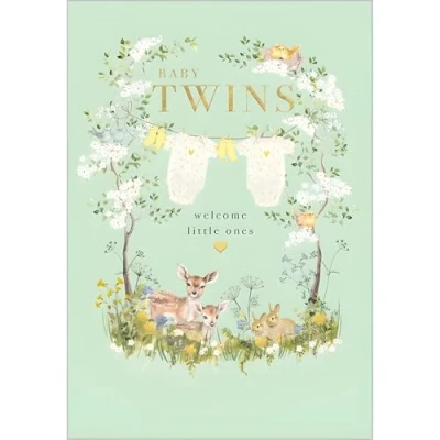 Image of New Baby Twins Congratulations Card Special Finishes Artistic Woodland Animal Design Welcome Little Ones Made in the UK Eco Friendly