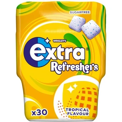 Image of Wrigley&#039;s Extra Refreshers Sugarfree Chewing Gum, Tropical Flavour Bottle, 1 x 30 Pack