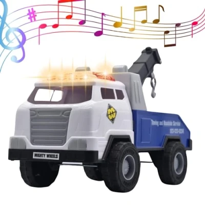 Image of Mighty Wheels Steel Tow Truck Toy 20&quot; Large Free wheeling with Lights and Sounds Movable Boom Hook Durable Plastic Vehicle Toys for 3+ Year Old Boys Girls