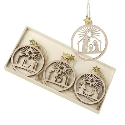 Image of Heaven Sends Assorted Wooden Nativty Hanging Christmas Decoration Pack of 9 8cm for Home Gift Idea Ornaments Tree Decorations