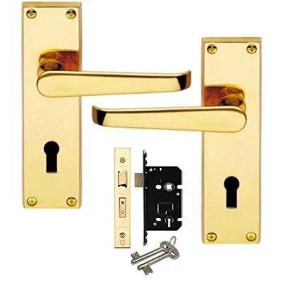 Image of Jovian Straight Lever Lock Door Handles 140 x 40mm in Polish Brass with 64mm Sash