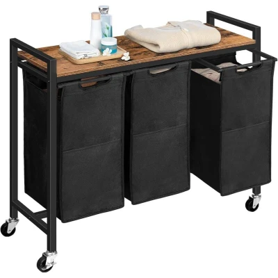 Image of HOOBRO Laundry Basket, Sorter 3 Compartments, Hamper with Lid, Trolley on Wheels, Washing Baskets, Rustic Brown EBF38XY01G1