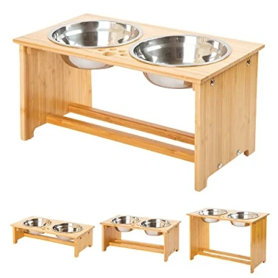 Image of FOREYY Raised Dog Bowls for Cats and Dogs Bamboo Elevated Cat Food Water Stands Feeder Dishes with 2 Stainless Steel Anti Slip Feet (Large 25.4 cm high)