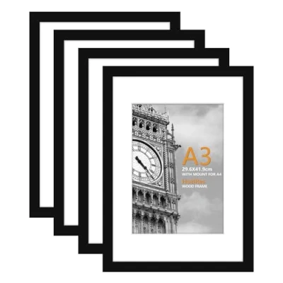 Image of HoziRes A3 Picture Frame Black, Wooden Photo Frames with Mount, Set of 4 for Tabletop and Wall Mounting, 27 x 40cm Poster Printing
