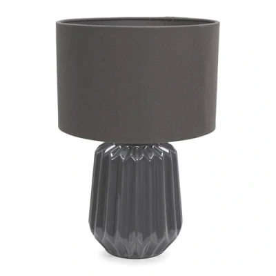 Image of Charcoal Grey Textured Ceramic Bedside Table Lamp with Fabric Drum Shade Living Room Bedroom Light