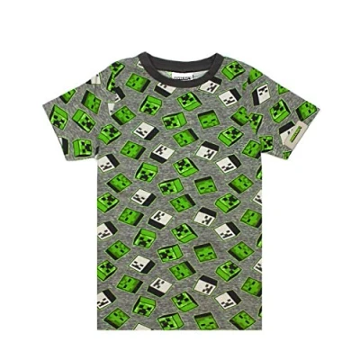 Image of Minecraft Boys T Shirt All Over Print Creeper Zombies Grey &amp; Green Cotton Top 11 12 Years