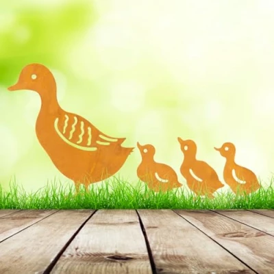 Image of Garden Mile Duck Family Outdoor Ornaments Novelty Sitting Standing Patio Decorations Figurines Statues Sculpture Waterproof Weatherproof (Metal Stake Family)