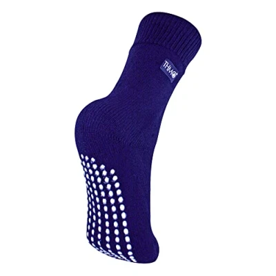 Image of THMO Kids Indoor Slipper Socks with Grippers Thick &amp; Warm Comfort Loose Top Non Slip Thermal (4 5, Navy)