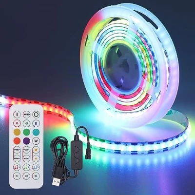 Image of GOMING DC 5V WS2812B 6.6ft(2M) Individually Addressable COB LED Strip Light USB Powered with Remote Control Flexible 320Pixels Dream Color No Waterproof IP20 White PCB Strips for DIY Projects