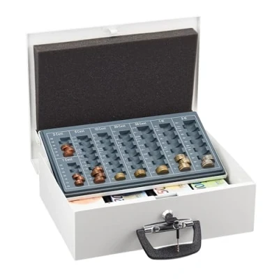 Image of Relaxdays Cash Box Lockable, Coin Counting Board &amp; 4 Note Compartments, incl. 2 Keys, Iron, 11.5 x 36 28.5 cm, White