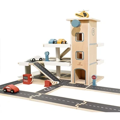 Image of Little Log Wooden Parking Garage with Accessories, Play Lift, Helicopter, Toy for Boys and Girls(70 x 50 36.5 cm)