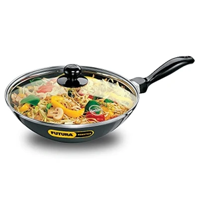 Image of HAWKINS Futura NDL20G Non Stick Deep Fry Pan(Kadhai) 2.0 Litre with Glass Lid and Flat Bottom, 10.23 in, Gray