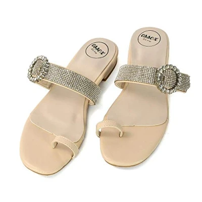 Image of Womens Diamante Sandals Ring Toe Post Ladies Slip On Flat Holiday Summer Rhinestones Slider Shoes Size 3 8 Nude