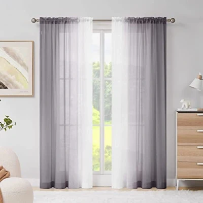 Image of Melodieux Grey Grandient Window Curtains Ombre Sheer Chiffon Curtains, Semi Transparent Curtain, Rod Pocket Windows Panels for Living Room, Bedroom, Nursery (56x90 inch, 2 Panels)