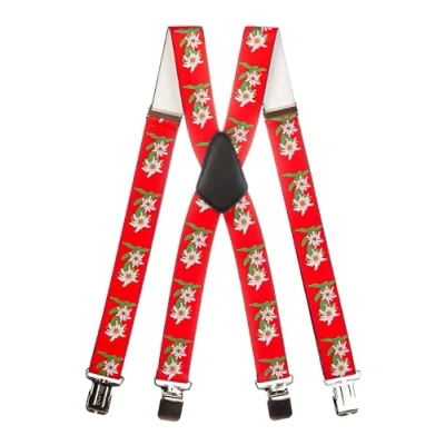 Image of Heavy Duty X Shape Braces/Suspenders with Edelweiss Pattern, 4cm Red
