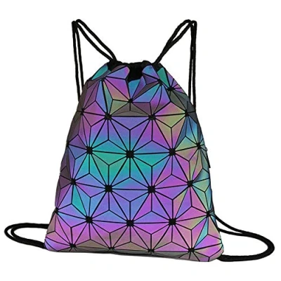 Image of LA HAUTE Geometric Luminous Drawstring Bag Holographic Pu Leather Backpack Cinch Sport Gym