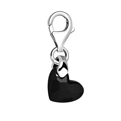 Image of Quiges 3D Black Faceted Glass Heart Clip On Charm Pendant Silver Plated Women&#039;s Jewellery