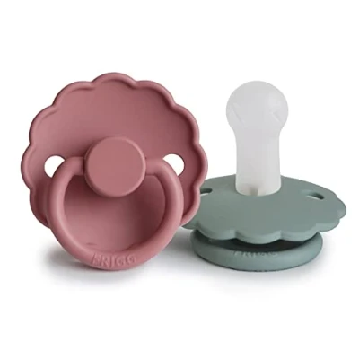 Image of FRIGG Daisy Silicone Pacifier Pack of 2 Soother Dummy BPA Free Made in Denmark Symmetrical Cherry Shaped Nipple (Dusty Rose/Lily pad, Size (6 18 Months))