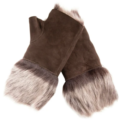 Image of Infinity Leather Womens Warm Winter Shearling Brown Toscana Fingerless Cuffs Suede Sheepskin Mitten Gloves