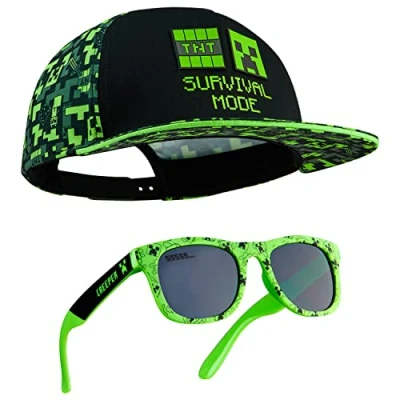 Image of Minecraft Baseball Cap and Kids Sunglasses Set, Creeper Adjustable Boys Hat 100% UV Protection Holiday Accessories Gamer Gifts (Black/Green)
