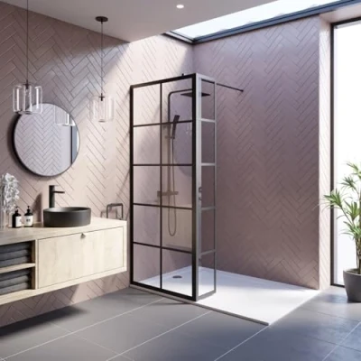 Image of BAYSTONE® 800mm Wet Room Shower Screen Panel Grid 8mm Toughened Safety Glass Walk in Enclosure + Fixed Return Panel, Matt Black