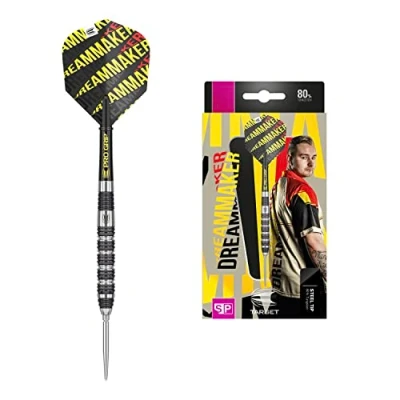 Image of Target Darts Unisex Dimitri Van Den Bergh Dream Maker 80% Tungsten Swiss Point Tip Set Steel Darts, Black, Yellow and Red, 24G UK