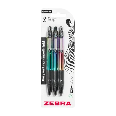 Image of Zebra Pen Z GRIP Smooth Elegance Metallic Ballpoint Pens 3pk Black Ink 1.0mm Medium Point Retractable with Clip, Writing Comfort Grip, 3 Multipack