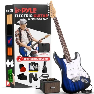 Image of Pyle Full Size Electric Guitar Kit with 5W Amplifier, Gig Bag, Picks, Spare Strings, and Strap, ST Style Beginner Bundle 22 Frets, Paulownia Wood Body, Blue