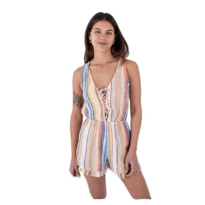 Image of Hurley Women&#039;s Iris Lace Up Romper Break, Berry Multi, XS
