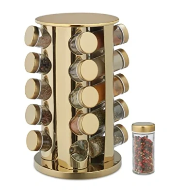 Image of Relaxdays Spice Rack with 20 Jars Shaker Insert 360 Rotating Carousel Stainless Steel Gold/Transparent